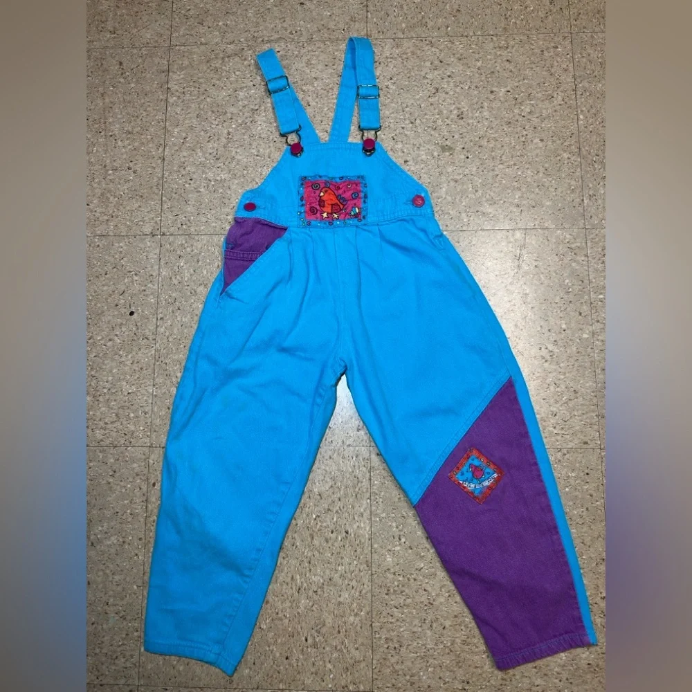 VTG 90s‎ Oshkosh B'Gosh Overalls Blue Purple Bird USA Colorblock Sz 6 RARE